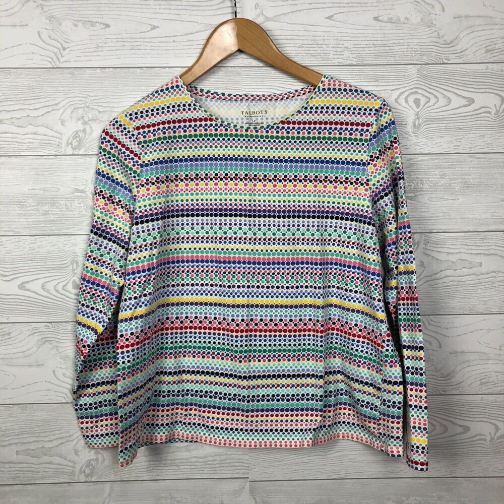 Talbots Womens Large PETITE Colorful Striped Long Sleeve Tee Shirt Cotton Blend